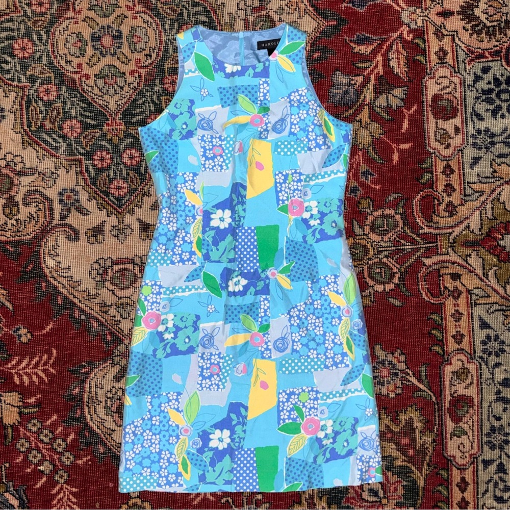 Harold's Shift‎ Dress Womens 2 Blue Floral Silk Blend Mini Patchwork Print